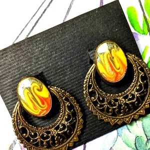 Vintage Filagree Multicolor Stone Door-knocker Pierced Earrings Post Unique Boho